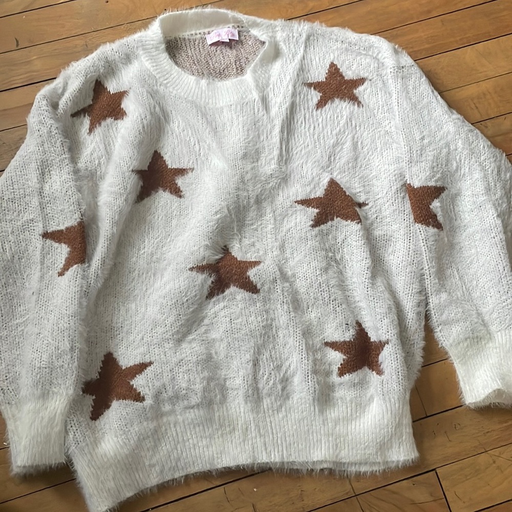 Pink Lily White and brown star fuzzy sweater